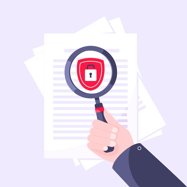 Política de privacidad cerradura de seguridad y metáfora de protección de datos Magnificación de mano escudo con candado