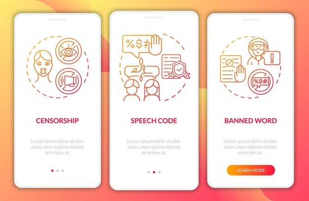 Políticas sobre la incorporación de mensajes de odio en la pantalla de la página de la aplicación móvil. tutorial de palabra prohibida instrucciones gráficas de 3 pasos con conceptos. ui, ux, plantilla de vector de gui con ilustraciones en colores lineales