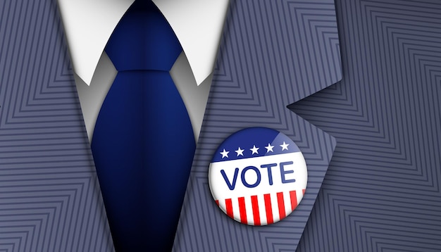 Político estadounidense con pin de VOTO en un traje oficial azul Fondo de vector de votación de elecciones de EE. UU.