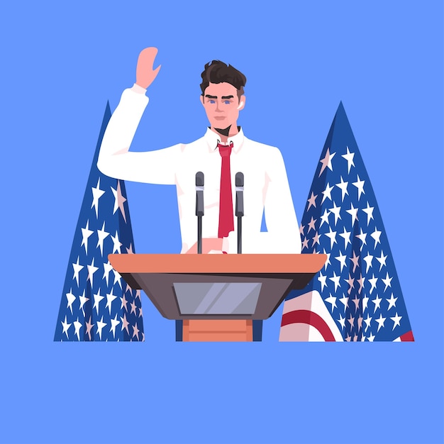 Político haciendo un discurso desde la tribuna con la bandera de Estados Unidos, el 4 de julio celebración del día de la independencia americana