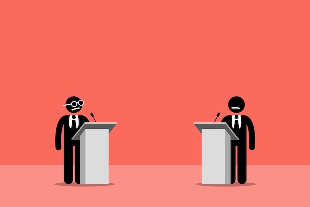 Políticos debatiendo en el escenario. las ilustraciones vectoriales representan debates, discusiones y contiendas presidenciales.