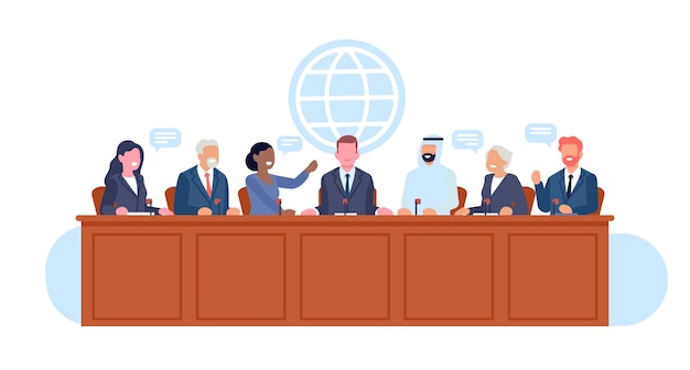 Políticos y funcionarios corporativos negocian en torno a una mesa común Acuerdo internacional Grupo de personas multiétnicas Discusión profesional Presidencia de la conferencia política Concepto vectorial