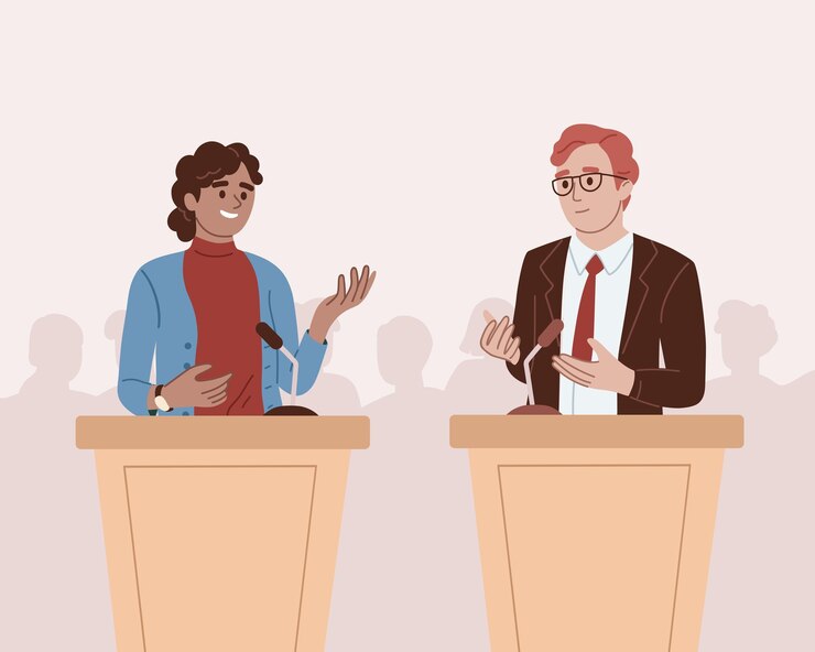 Vector políticos en el podio del escenario líderes debatiendo en la tribuna ante la multitud campaña presidencial