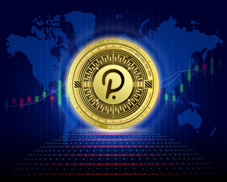 Vector polkadot dot moneda de oro criptomoneda blockchain moneda digital con gráfico de participación de crecimiento.