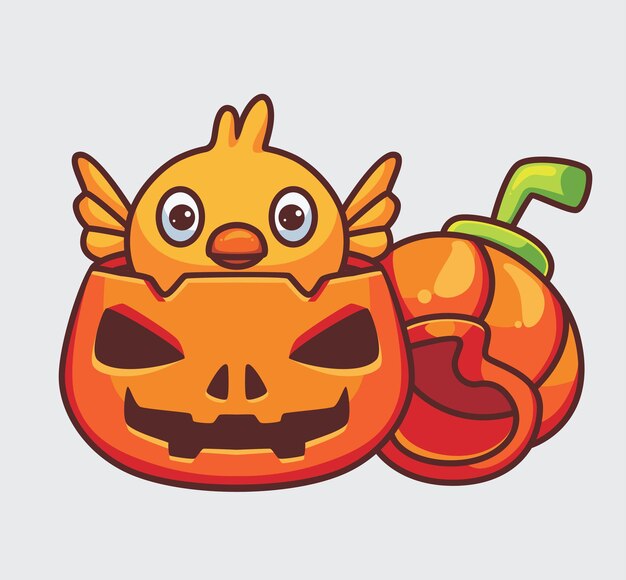 Vector pollito lindo eclosionando en la calabaza. ilustración de halloween animal de dibujos animados aislado. estilo plano adecuado para el vector de logotipo premium de diseño de icono de etiqueta. personaje mascota