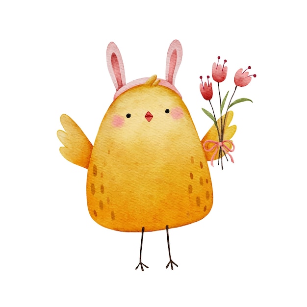 Vector pollito con orejas de conejo de pascua sosteniendo flores