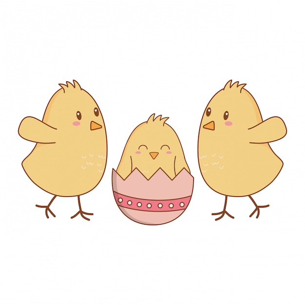 Pollitos pequeños con huevos rotos personajes de pascua