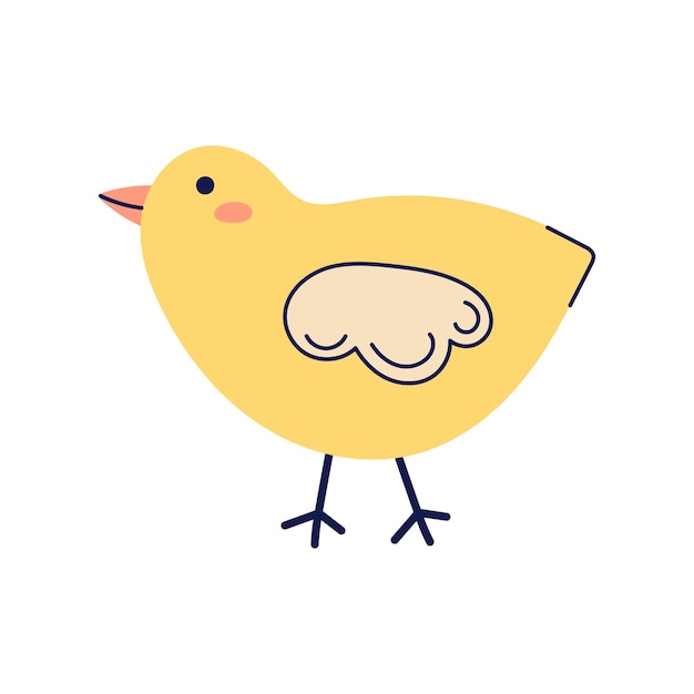 El pollo amarillo lindo camina hacia el lado feliz Pascua carta dibujada a mano ilustración plana con parcial