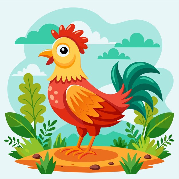 Vector pollo aves de corral dibujado a mano plano elegante mascota dibujo de personajes de dibujos animados sticker concepto de icono