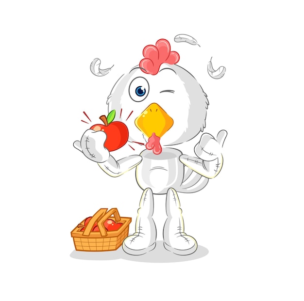 Pollo comiendo un vector de caracteres de ilustración de manzana