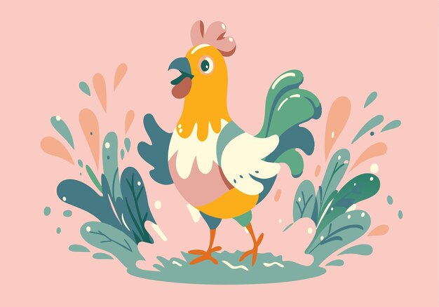 Vector un pollo de dibujos animados está caminando a través de un campo de hierba verde