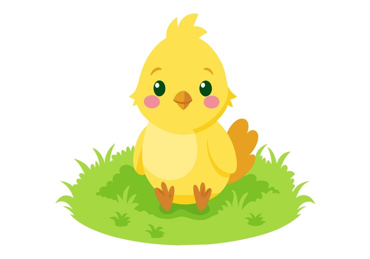 Vector un pollo de dibujos animados está sentado en un campo verde
