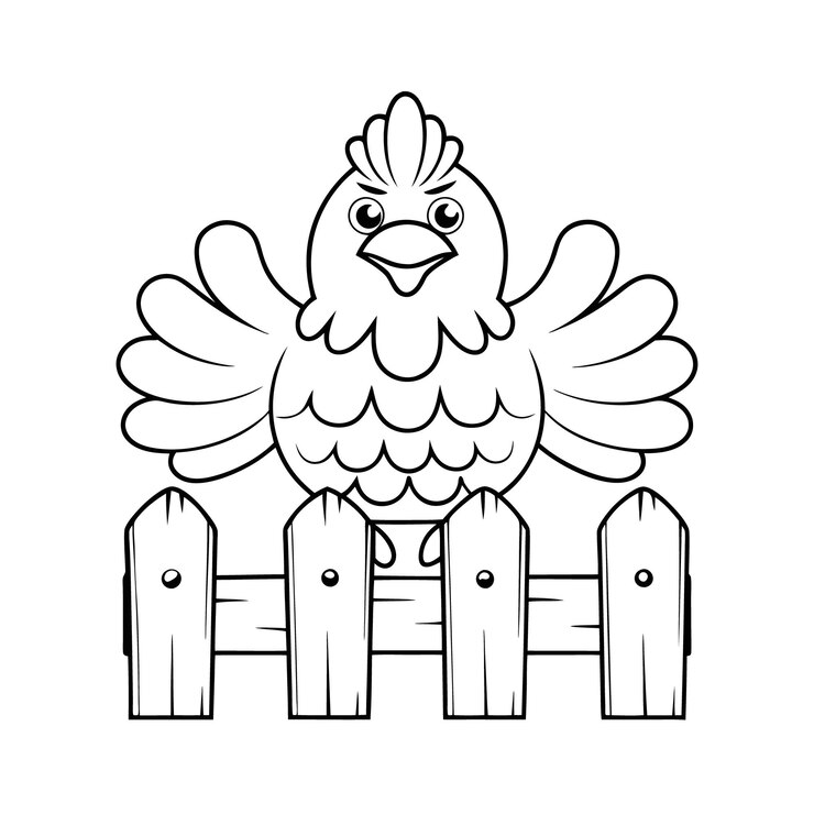 El pollo de dibujos animados feliz en una valla