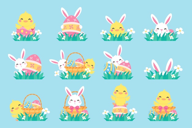 Pollo de dibujos animados con huevos de Pascua en la hierba y actividad de búsqueda de huevos de Pascua con niños
