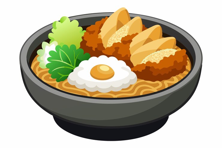 Vector pollo frito y chuleta de arroz en el tazón katsu don delight