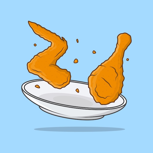 Pollo frito crujiente en un plato ilustración vectorial de dibujos animados comida de pollo frito contorno de icono plano