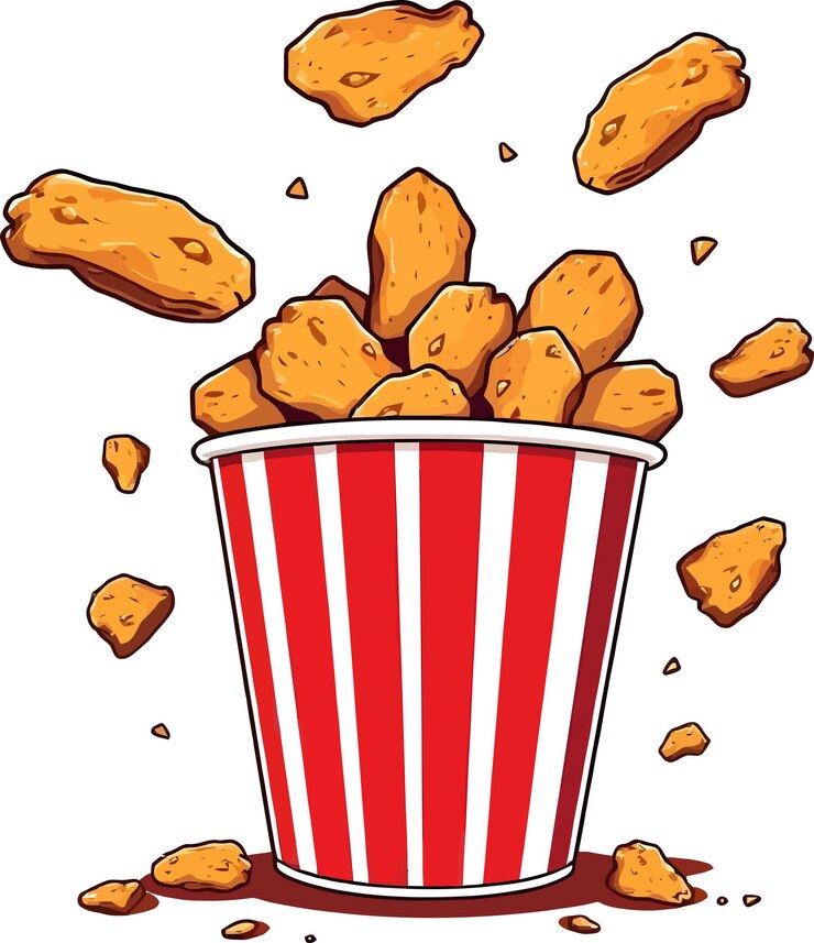 Vector pollo frito en un cubo a rayas icono vectorial de dibujos animados ilustración icono de objeto de comida concepto aislado