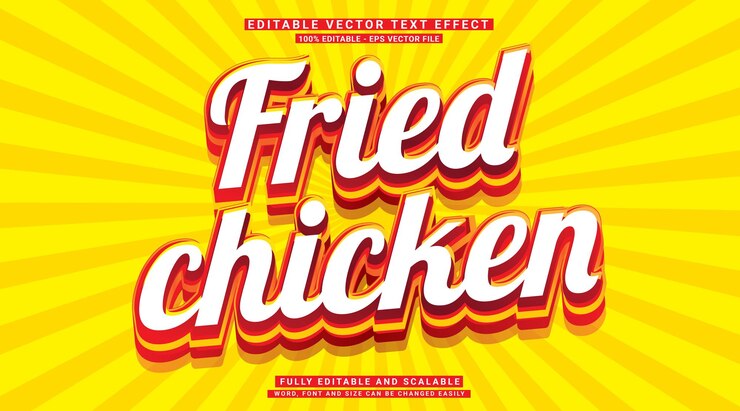 Vector pollo frito efecto de texto 3d tipografía vectorial editable logotipo 3d estilo de plantilla de dibujos animados vector premium