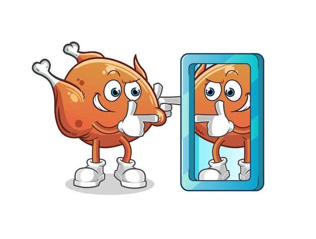 El pollo frito mirando en el espejo de dibujos animados. mascota de dibujos animados