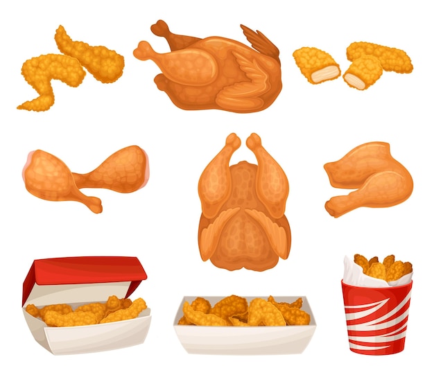 Pollo frito con patas y alas de gallina enteras y en rodajas Conjunto vectorial de comida rápida Comidas cocidas y asadas