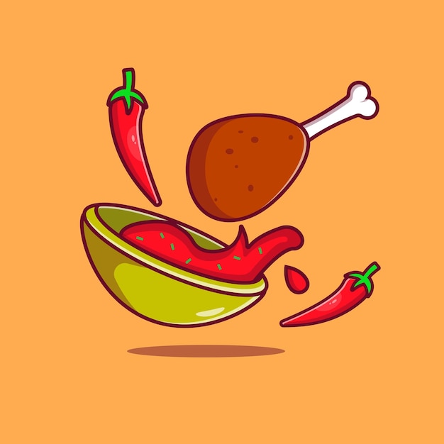 Pollo frito picante con ilustración de salsa de chile Vector de diseño de pierna de pollo frito
