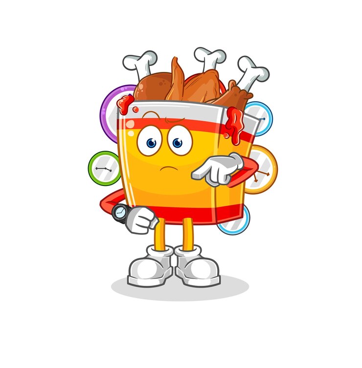 Vector pollo frito con vector de mascota de dibujos animados de dibujos animados de reloj de pulsera