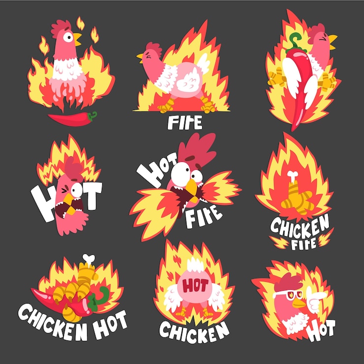 Vector pollo de fuego picante caliente set plantillas de diseño de logotipo creativo vector ilustración aislada en un vector de fondo blanco ilustración sobre un fondo negro