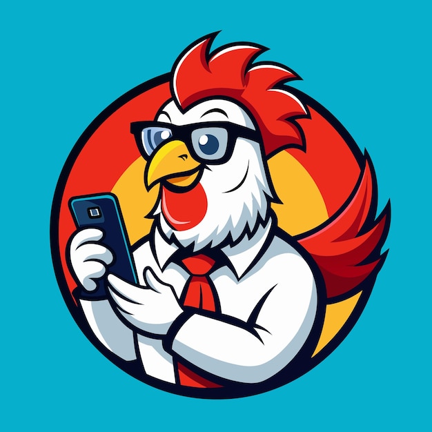 un pollo con gafas y una corbata roja sostiene un teléfono