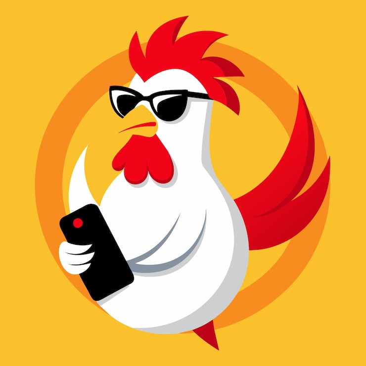 Vector un pollo con gafas leyendo un teléfono frente a un fondo amarillo