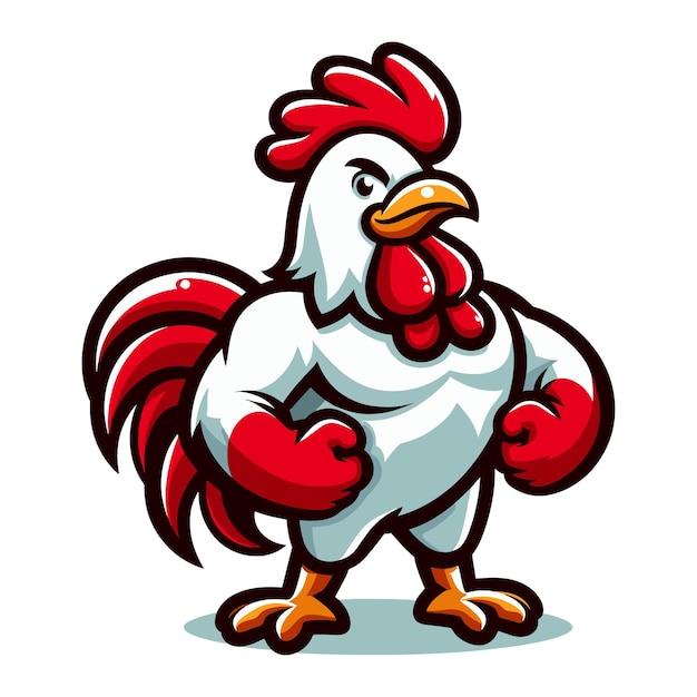 El pollo, el gallo, la lucha muscular, la mascota deportiva, el logotipo, el personaje, la ilustración de dibujos animados, el diseño vectorial.