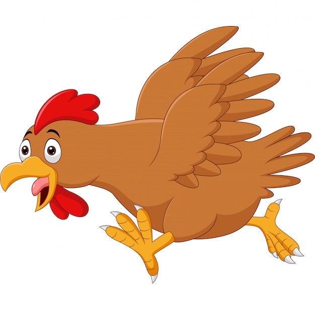 Pollo gracioso de dibujos animados corriendo en blanco