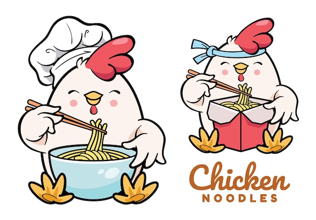 Pollo lindo chef comiendo fideos