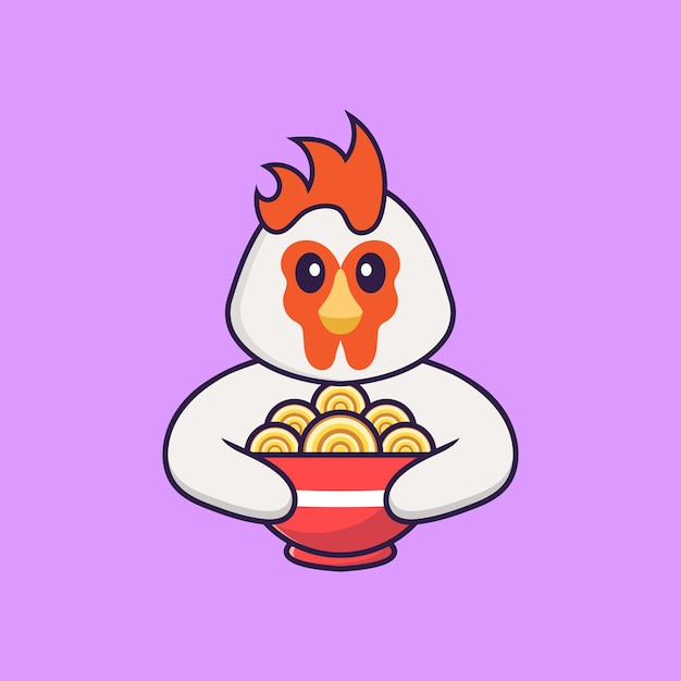 Pollo lindo comiendo fideos ramen. concepto de dibujos animados de animales aislado. estilo de dibujos animados plana