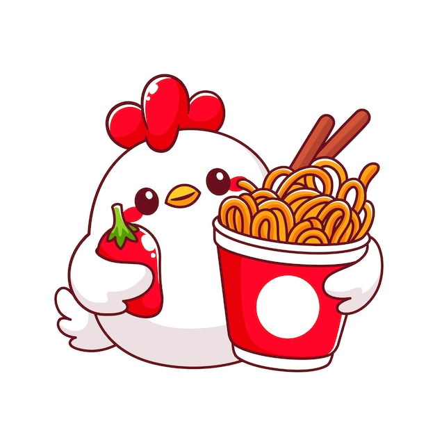 Un pollo lindo comiendo una taza de fideos picantes logotipo de la mascota