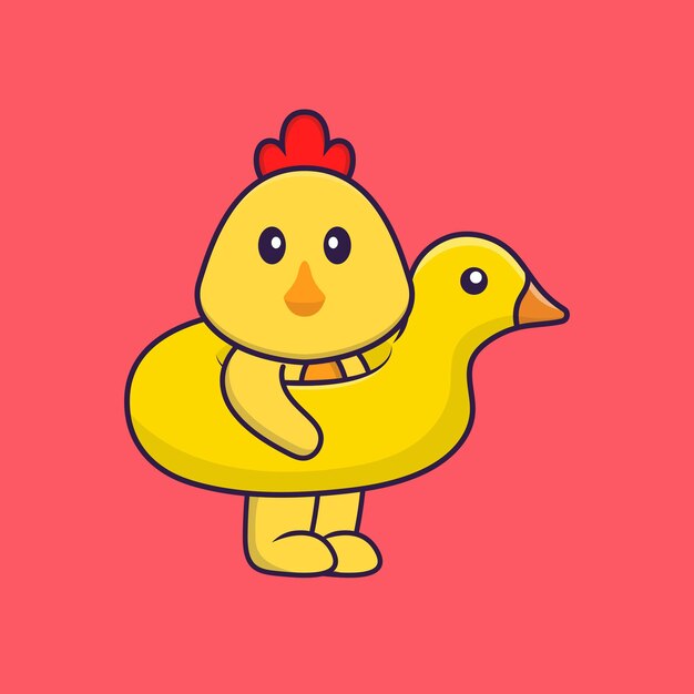 Pollo lindo con concepto de dibujos animados de animales de boya de pato aislado