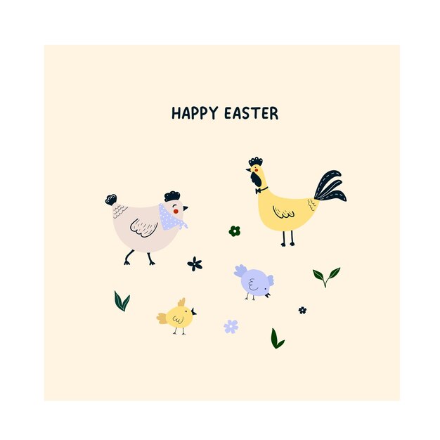 Pollo lindo dibujado a mano, gallo, pollito en prado con hojas, flores. acogedora plantilla escandinava de hygge feliz pascua para postal, tarjeta, diseño de camiseta. ilustración de vector de estilo de dibujos animados plana