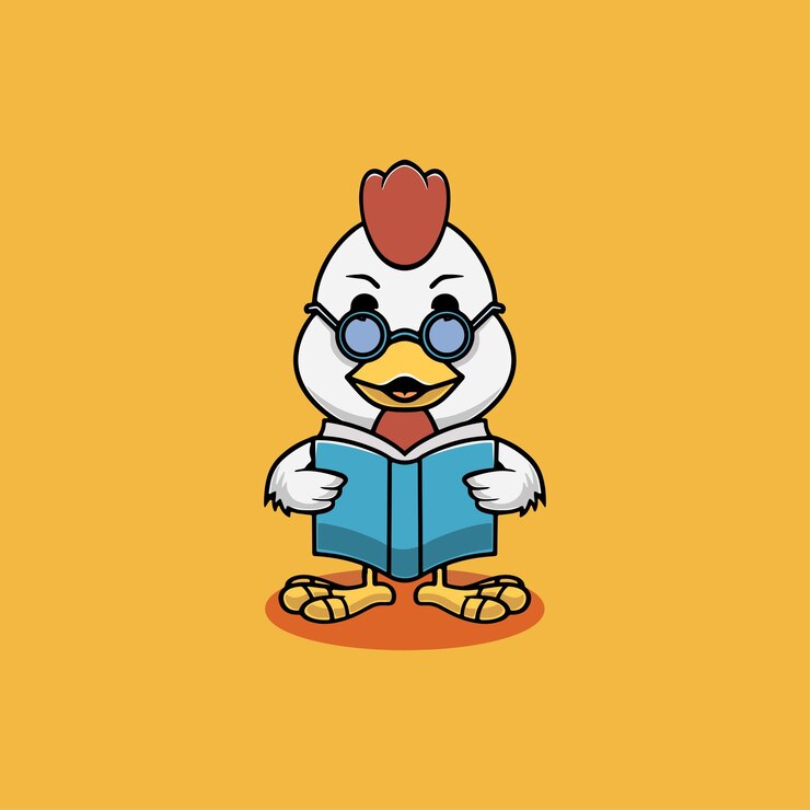 Un pollo lindo leyendo una ilustración de dibujos animados