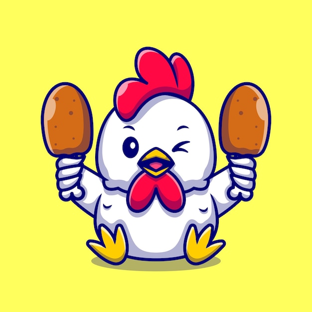 Vector pollo lindo que sostiene el ejemplo del icono de la historieta del pollo frito.