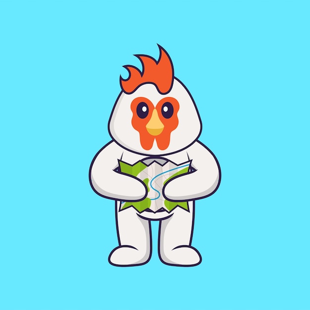 Pollo lindo sosteniendo un concepto de dibujos animados de animales mapa aislado