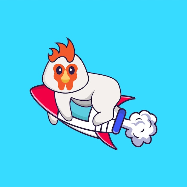 Pollo lindo volando en cohete. Concepto de dibujos animados de animales aislado.