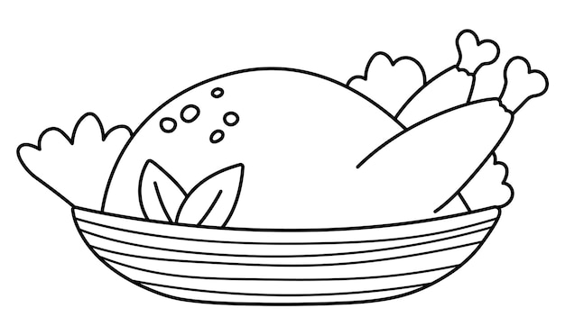 Pollo o pavo frito vectorial en blanco y negro en un plato Comida festiva de Navidad o Acción de Gracias Comida de esquema de vacaciones o página para colorear aislada en fondo blancoxA