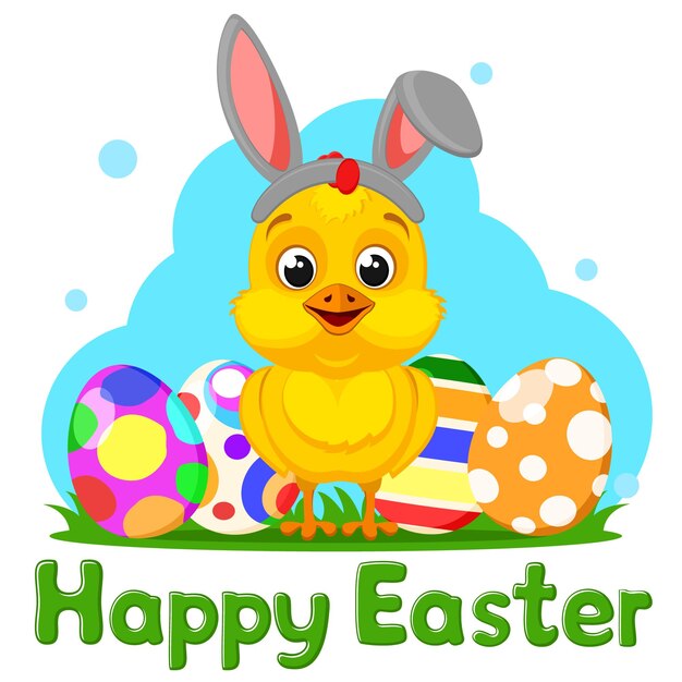 Pollo con orejas de conejo en la cabeza y huevos de Pascua sobre un fondo blanco. Felices Pascuas
