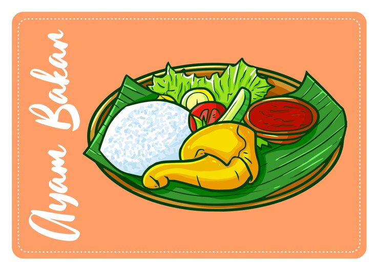 Vector pollo a la parrilla tradicional con arroz y ají, o "paket ayam bakar" en bahasa indonesia. una comida tradicional de indonesia.