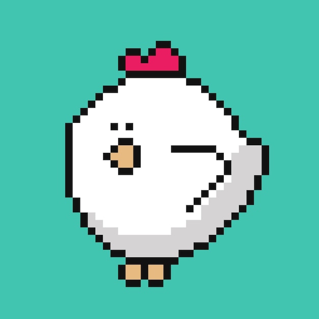 Un pollo de pixel art con un sombrero rosa.