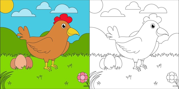 Pollo poniendo huevos adecuados para la ilustración vectorial de la página para colorear de los niños