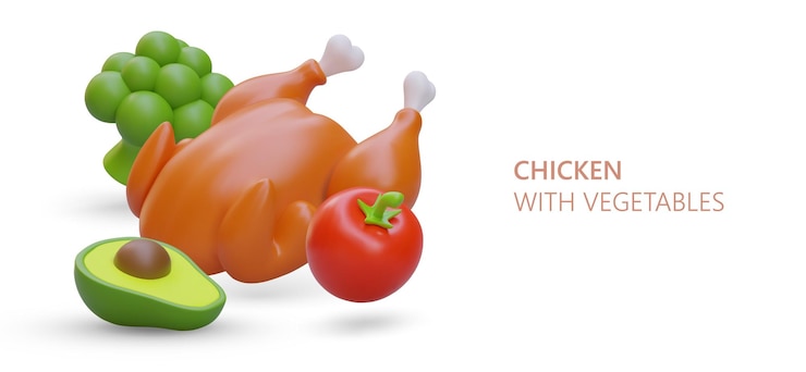 Vector pollo realista en 3d con aguacate, tomates y brócoli. prepare comida con carne y verduras.