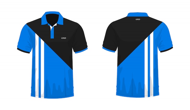 Polo de la camiseta azul y plantilla negra para el diseño en el fondo blanco.