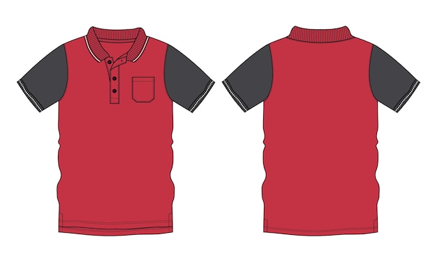 Polo de manga corta Plantilla de color rojo de ilustración de vector de dibujo plano de moda técnica