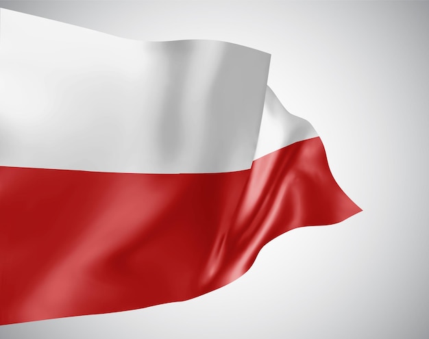 Polonia, bandera vectorial con olas y curvas ondeando en el viento sobre un fondo blanco.