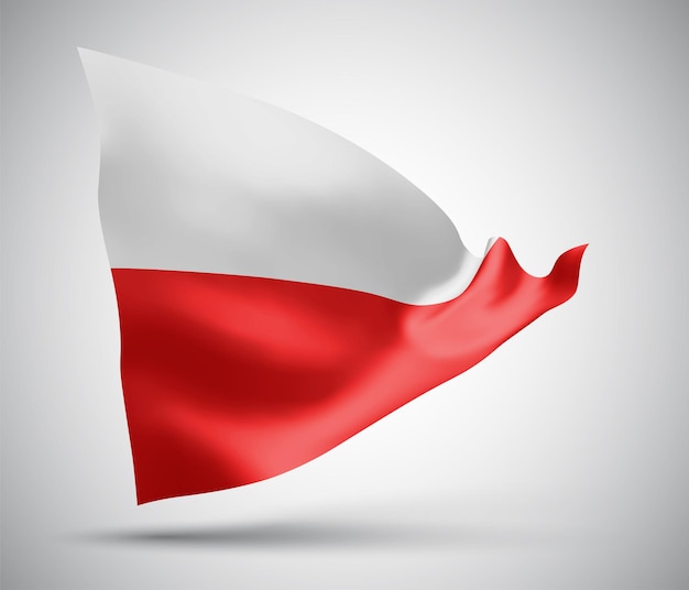 Polonia, bandera vectorial con olas y curvas ondeando en el viento sobre un fondo blanco.